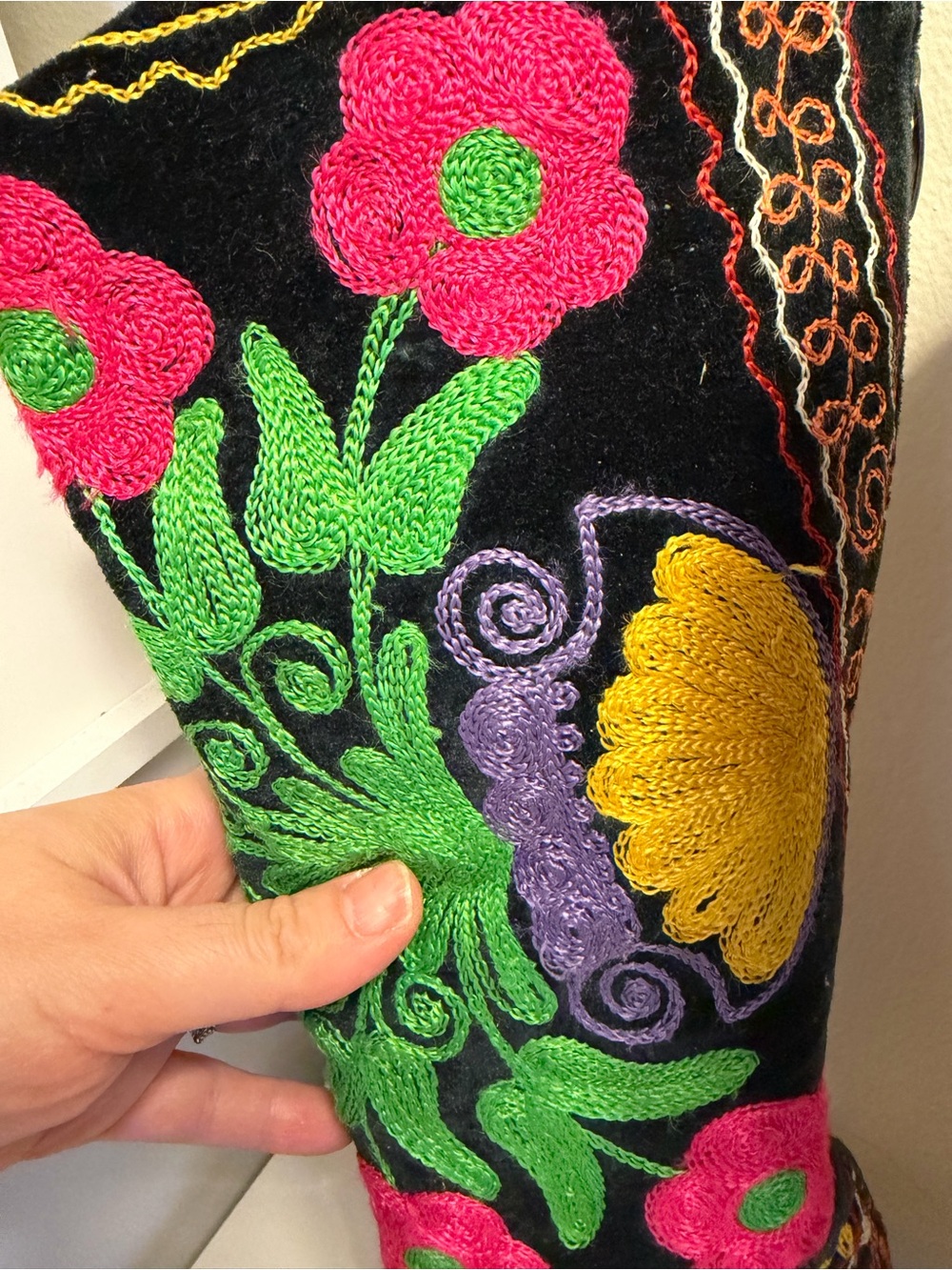 Women's Knee-High Embroidered Floral Boots - Black with Pink & Green - Picture 3 of 8